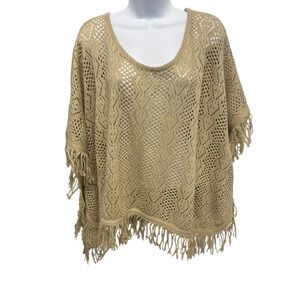 Nella Fantasia Tan Knit Poncho Sweater‎ Fringe V Neck Women L XL*